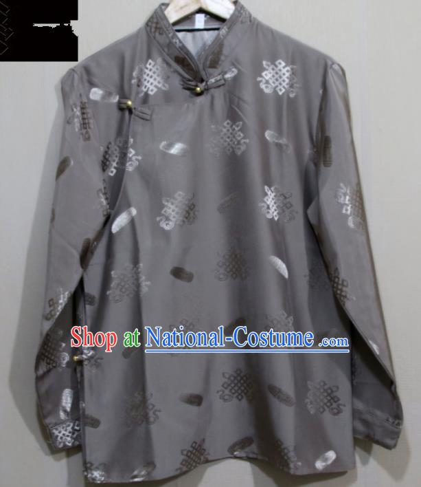 Chinese Traditional Tibetan Grey Shirt Zang Nationality Ethnic Folk Dance Costume for Men