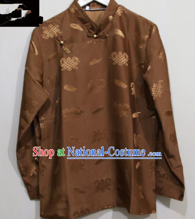 Chinese Traditional Tibetan Brown Shirt Zang Nationality Ethnic Folk Dance Costume for Men