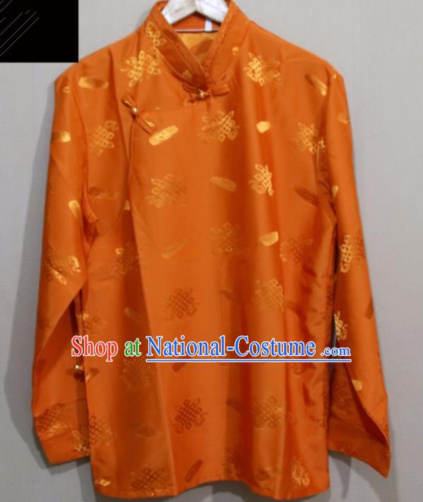 Chinese Traditional Tibetan Orange Shirt Zang Nationality Ethnic Folk Dance Costume for Men