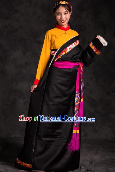 Chinese Traditional Ethnic Female Black Tibetan Robe Zang Nationality Heishui Dance Costume for Women