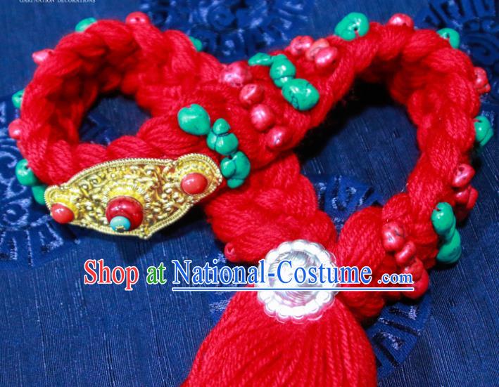 Chinese Traditional Ethnic Tibetan Hair Accessories Zang Nationality National Red Woolen Yarn Hair Clasp for Women