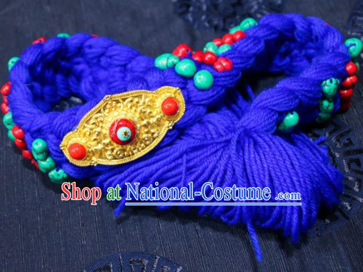 Chinese Traditional Ethnic Tibetan Hair Accessories Zang Nationality National Blue Woolen Yarn Hair Clasp for Women