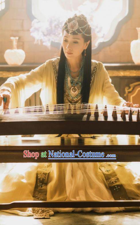 Traditional Chinese Ancient Drama Princess Replica Costume Tang Dynasty Ethnic Imperial Consort Embroidered Hanfu Dress and Headpiece for Women