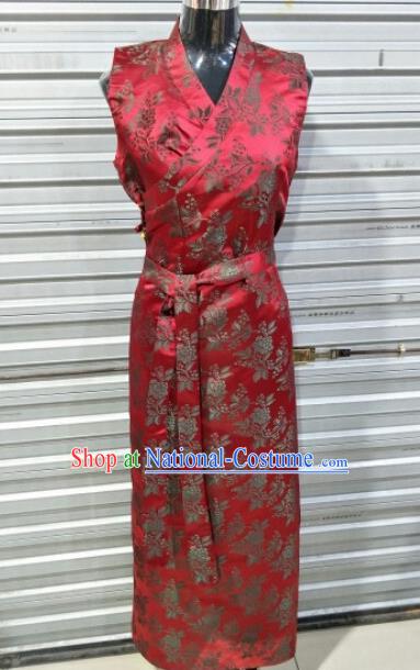 Traditional Chinese National Tibetan Ethnic Red Brocade Dress Zang Nationality Folk Dance Costume for Women