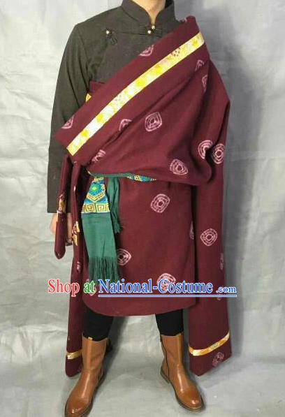 Traditional Chinese National Ethnic Wine Red Tibetan Robe Zang Nationality Folk Dance Costumes for Men