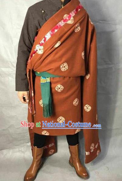 Traditional Chinese National Ethnic Orange Tibetan Robe Zang Nationality Folk Dance Costumes for Men