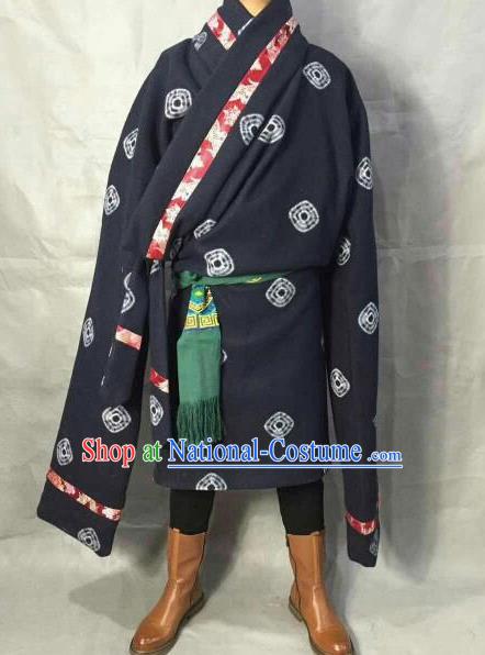 Traditional Chinese National Ethnic Navy Tibetan Robe Zang Nationality Folk Dance Costumes for Men