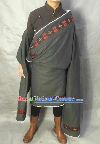 Traditional Chinese National Ethnic Deep Grey Tibetan Robe Zang Nationality Folk Dance Costumes for Men