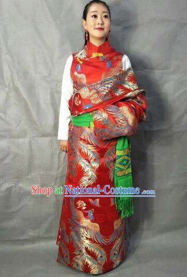 Traditional Chinese National Ethnic Bride Red Brocade Tibetan Robe Zang Nationality Folk Dance Costume for Women