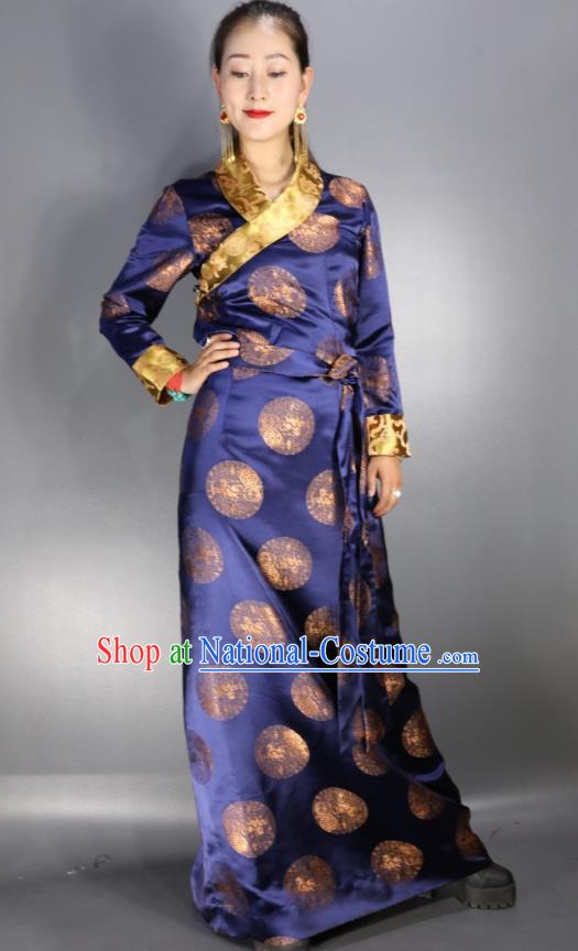 Traditional Chinese National Ethnic Navy Brocade Tibetan Dress Zang Nationality Folk Dance Costume for Women