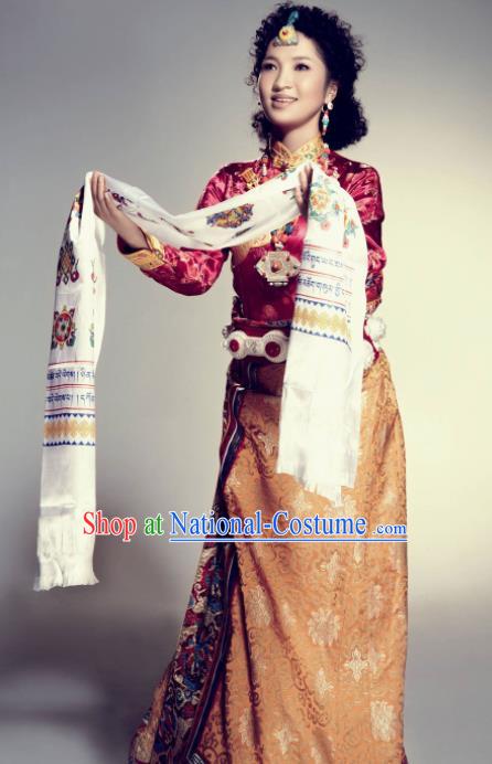 Traditional Chinese National Ethnic Wedding Tibetan Dress Zang Nationality Folk Dance Costume for Women