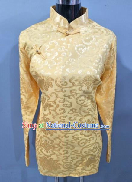 Traditional Chinese National Ethnic Tibetan Yellow Brocade Blouse Zang Nationality Folk Dance Costume for Women