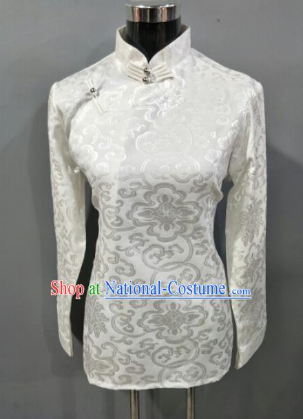 Traditional Chinese National Ethnic Tibetan White Brocade Blouse Zang Nationality Folk Dance Costume for Women