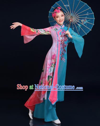 Traditional Chinese Classical Dance Blue Dress Umbrella Dance Fan Dance Costume for Women