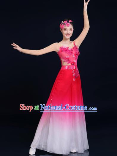 Traditional Chinese Classical Dance Rosy Dress Umbrella Dance Fan Dance Costume for Women