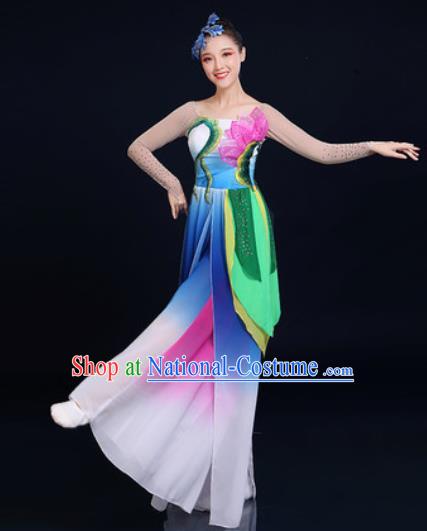 Traditional Chinese Classical Dance Blue Dress Umbrella Dance Stage Performance Fan Dance Costume for Women