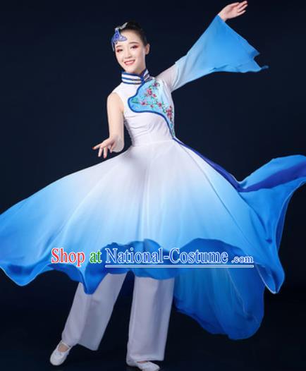 Chinese Traditional Classical Dance Blue Dress Umbrella Dance Stage Performance Costume for Women