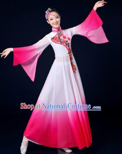 Chinese Traditional Classical Dance Rosy Dress Umbrella Dance Stage Performance Costume for Women