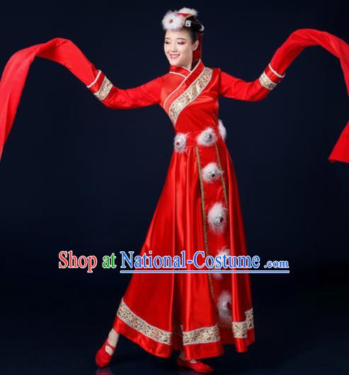 Traditional Chinese Tibetan Ethnic Dance Red Dress Zang Nationality Stage Performance Costume for Women