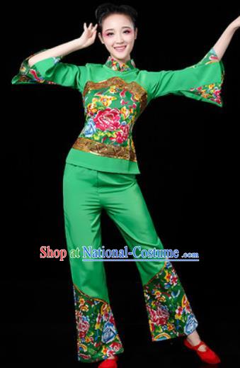 Traditional Chinese Folk Dance Printing Green Clothing Yangko Dance Fan Dance Costume for Women