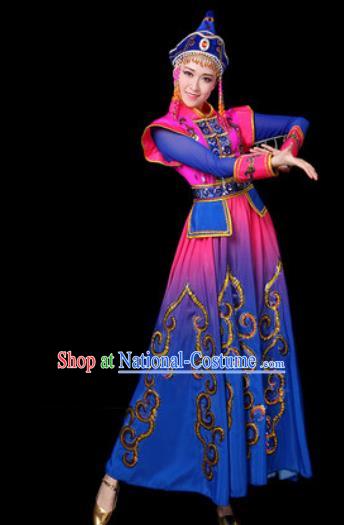 Traditional Chinese Ethnic Dance Blue Dress Mongolian Nationality Stage Performance Costume for Women