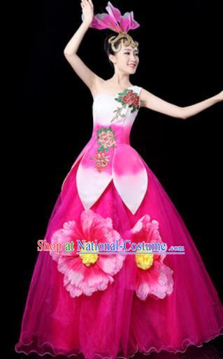 Traditional Chinese Spring Festival Gala Opening Dance Rosy Veil Dress Chorus Modern Dance Costume for Women