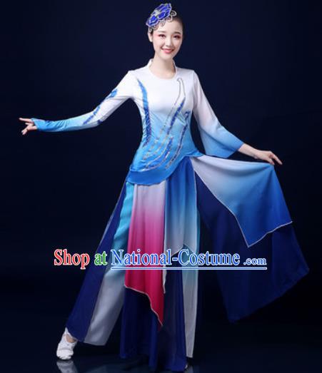 Traditional Chinese Folk Dance Jasmine Flower Blue Clothing Yangko Dance Fan Dance Costume for Women