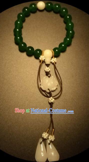 Chinese Traditional Green Agate Beads Bracelet Handmade Hanfu Bangles for Women