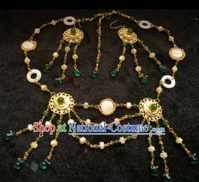 Chinese Traditional Green Beads Necklace Ancient Palace Handmade Hanfu Necklet for Women