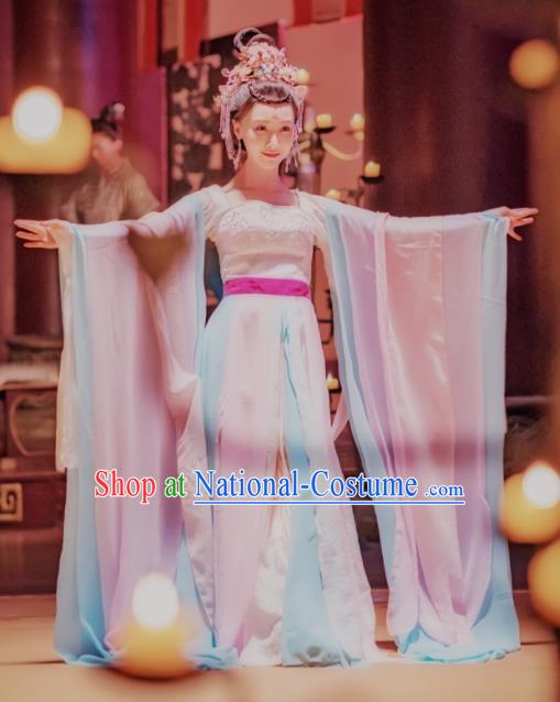 Chinese Ancient Drama Imperial Consort Embroidered Replica Costume Tang Dynasty Palace Dancer Hanfu Dress and Headpiece for Women