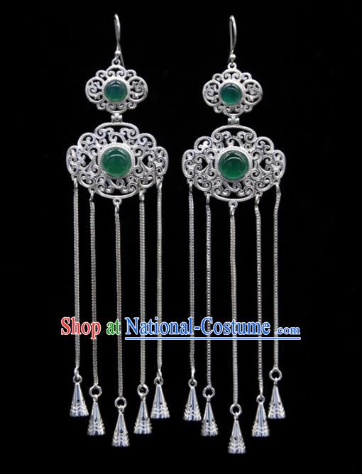 Chinese Traditional Ethnic Ear Accessories Handmade Mongol Nationality Green Agate Tassel Earrings for Women