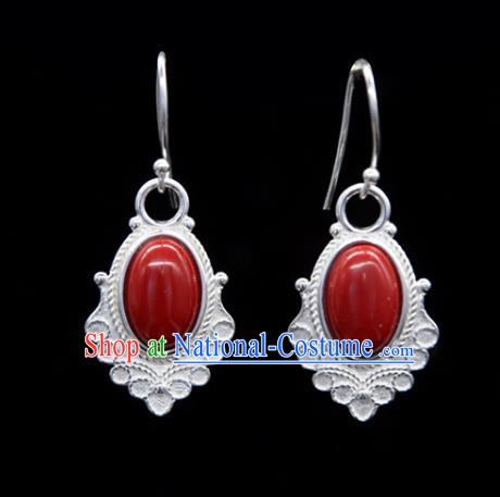 Chinese Traditional Tibetan Ethnic Ear Accessories Zang Nationality Handmade Red Stone Earrings for Women