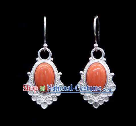 Chinese Traditional Tibetan Ethnic Ear Accessories Zang Nationality Handmade Coral Stone Earrings for Women