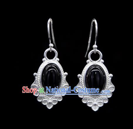 Chinese Traditional Tibetan Ethnic Ear Accessories Zang Nationality Handmade Black Stone Earrings for Women