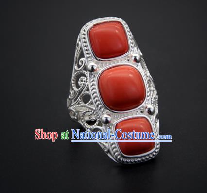 Chinese Traditional Mongolian Ethnic Rings Accessories Handmade Mongol Nationality Coral Stone Finger Ring for Women