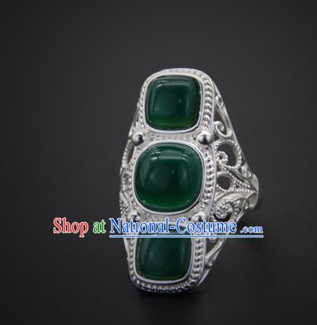 Chinese Traditional Mongolian Ethnic Rings Accessories Handmade Mongol Nationality Green Agate Finger Ring for Women