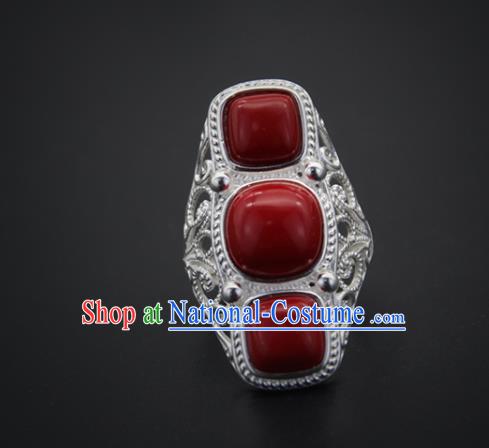 Chinese Traditional Mongolian Ethnic Rings Accessories Handmade Mongol Nationality Red Stone Finger Ring for Women