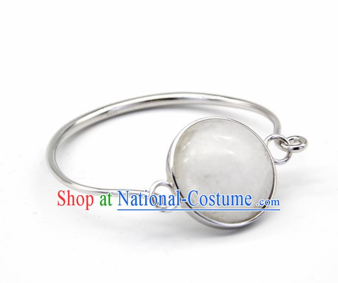 Chinese Traditional Mongolian Ethnic White Chalcedony Bracelet Accessories Handmade Mongol Nationality Bangle for Women