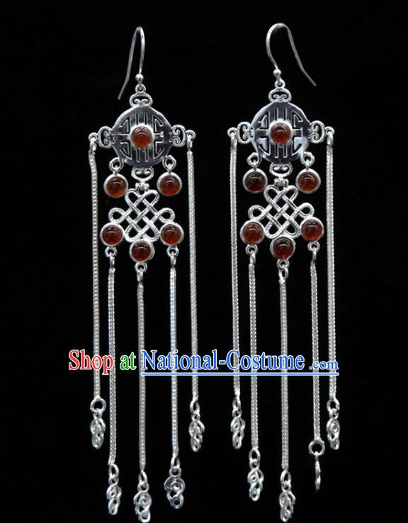 Chinese Traditional Mongolion Ethnic Red Agate Tassel Ear Accessories Mongol Nationality Handmade Earrings for Women