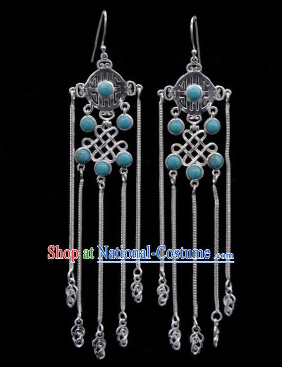 Chinese Traditional Mongolion Ethnic Blue Stone Tassel Ear Accessories Mongol Nationality Handmade Earrings for Women