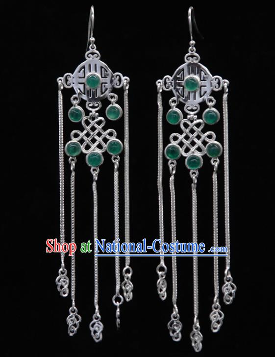 Chinese Traditional Mongolion Ethnic Green Agate Tassel Ear Accessories Mongol Nationality Handmade Earrings for Women