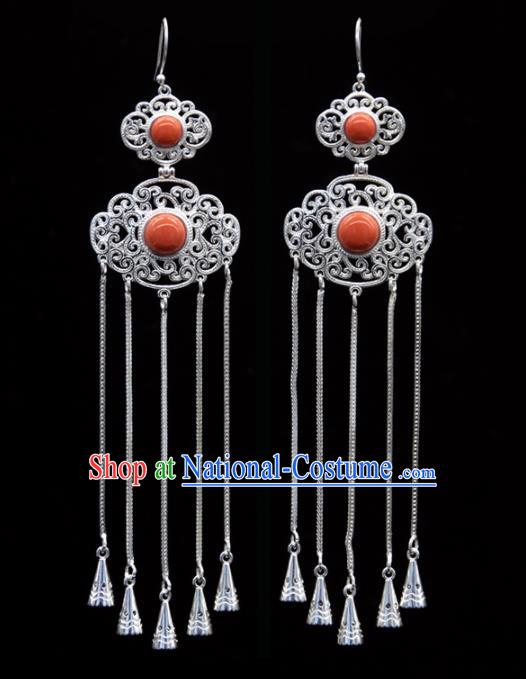 Chinese Traditional Ethnic Ear Accessories Handmade Mongol Nationality Corallite Tassel Earrings for Women