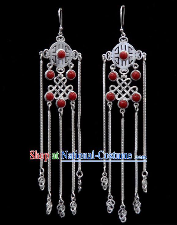 Chinese Traditional Mongolion Ethnic Red Stone Tassel Ear Accessories Mongol Nationality Handmade Earrings for Women