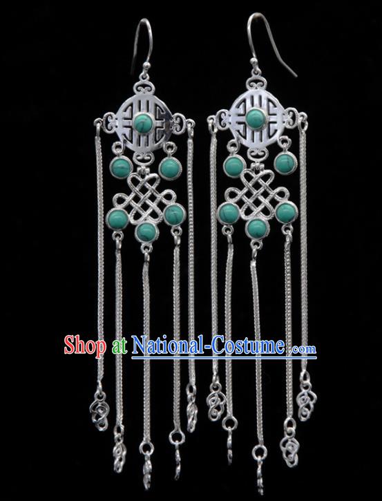 Chinese Traditional Mongolion Ethnic Green Stone Tassel Ear Accessories Mongol Nationality Handmade Earrings for Women