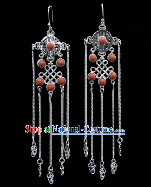 Chinese Traditional Mongolion Ethnic Coral Stone Tassel Ear Accessories Mongol Nationality Handmade Earrings for Women