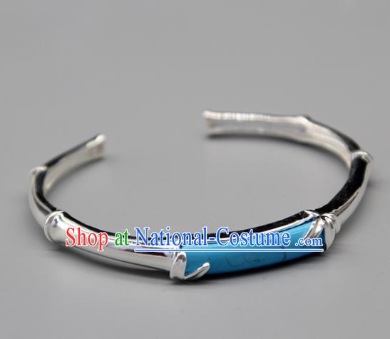 Chinese Traditional Tibetan Ethnic Blue Stone Bracelet Accessories Handmade Zang Nationality Sliver Bangle for Women