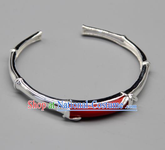 Chinese Traditional Tibetan Ethnic Red Stone Bracelet Accessories Handmade Zang Nationality Sliver Bangle for Women