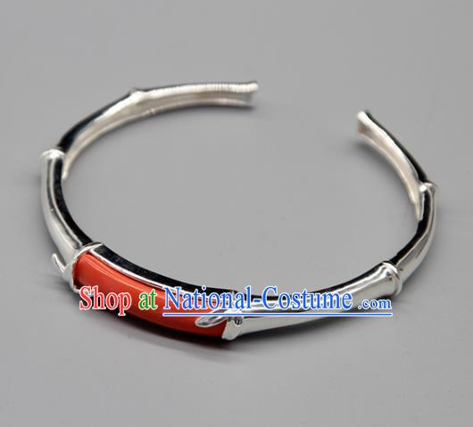 Chinese Traditional Tibetan Ethnic Coral Stone Bracelet Accessories Handmade Zang Nationality Sliver Bangle for Women