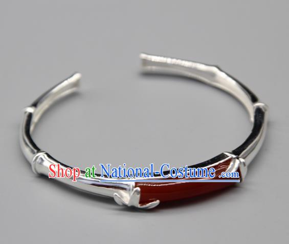 Chinese Traditional Tibetan Ethnic Agate Bracelet Accessories Handmade Zang Nationality Sliver Bangle for Women