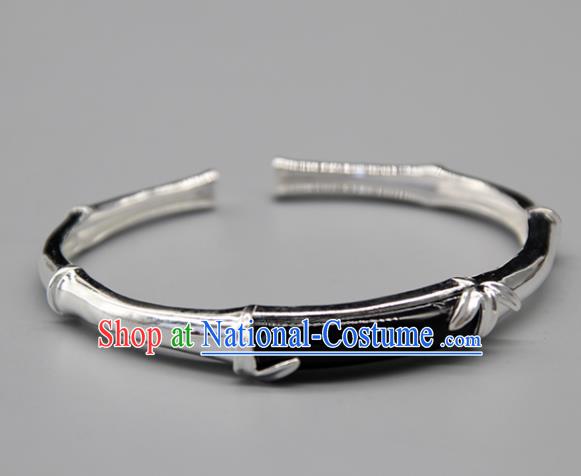 Chinese Traditional Tibetan Ethnic Black Stone Bracelet Accessories Handmade Zang Nationality Sliver Bangle for Women